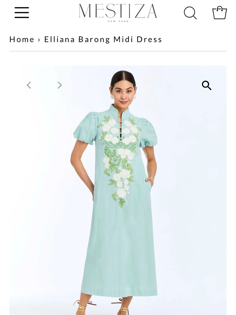 Mestiza Elliana Midi Dress in Mint with White Floral Embroidery
